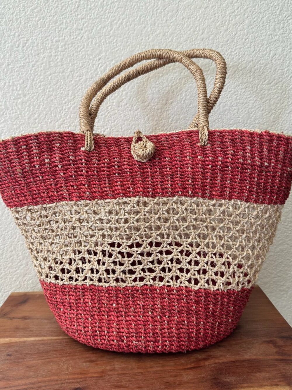 Red and‎ Beige Woven Raffia Tote Bag